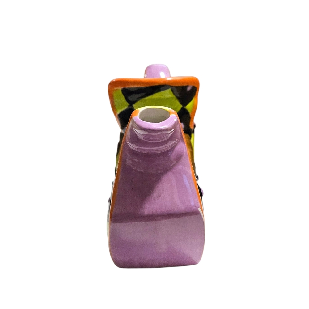 Ceramic Halloween Witch's Boot Teapot Spider Lid Harlequin Check Whimsical Decor - Picture 8 of 16